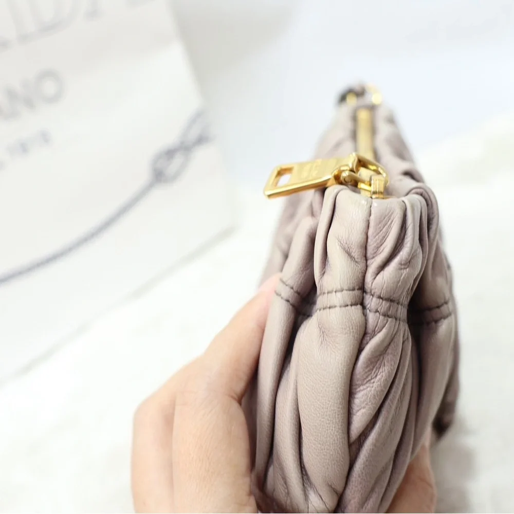 Prada grey Ruched Leather Clutch with Gold Chain